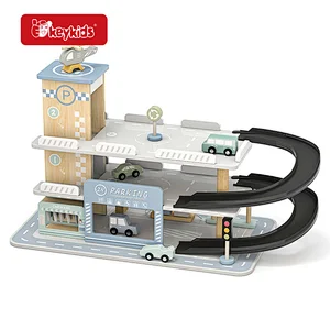 Multi-Level Wooden Parking Garage Toy Set with Spiral Ramp, Rotating Helicopter Pad and Gas Station W04B153